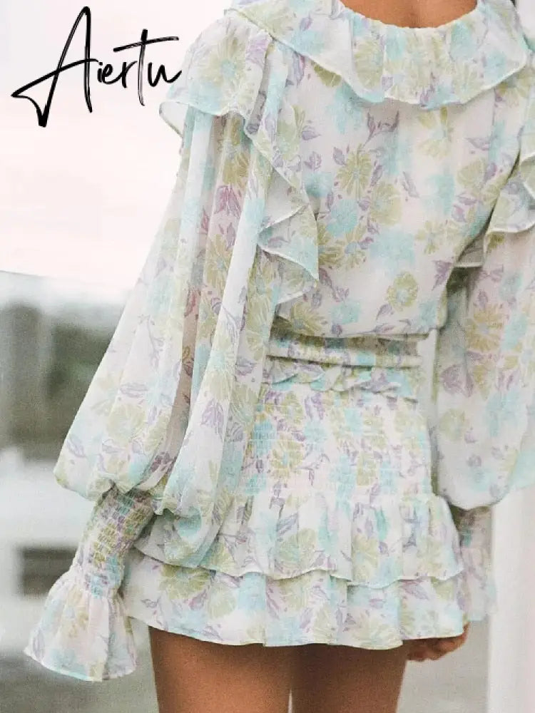 Romantic Full Lantern Sleeve Flower Print Mini Dress Woman Spliced Wood ears Ruffles Hem Elastic Package Hips Holiday Robe Aiertu