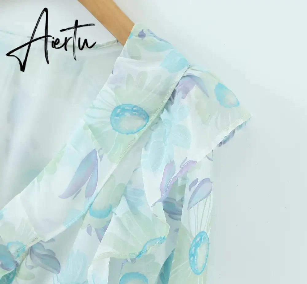 Romantic Full Lantern Sleeve Flower Print Mini Dress Woman Spliced Wood ears Ruffles Hem Elastic Package Hips Holiday Robe Aiertu
