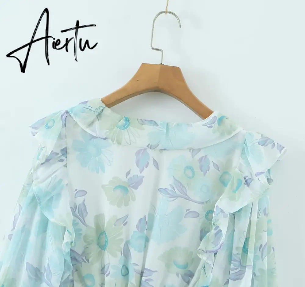 Romantic Full Lantern Sleeve Flower Print Mini Dress Woman Spliced Wood ears Ruffles Hem Elastic Package Hips Holiday Robe Aiertu