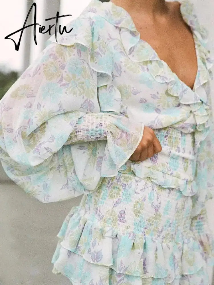 Romantic Full Lantern Sleeve Flower Print Mini Dress Woman Spliced Wood ears Ruffles Hem Elastic Package Hips Holiday Robe Aiertu