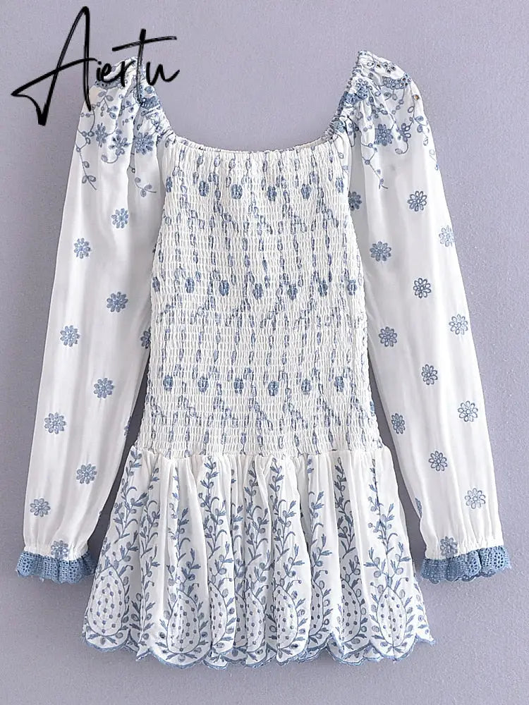 Romantic Puff Sleeve Embroidery White Blue Floral Body Elastic Ruched Mini Dress Woman Low Waist Ruffles Hem Holiday Robe Aiertu