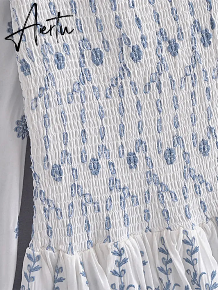 Romantic Puff Sleeve Embroidery White Blue Floral Body Elastic Ruched Mini Dress Woman Low Waist Ruffles Hem Holiday Robe Aiertu