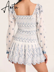 Romantic Puff Sleeve Embroidery White Blue Floral Body Elastic Ruched Mini Dress Woman Low Waist Ruffles Hem Holiday Robe Aiertu