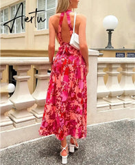 Rose Red Women Backless Tie Back Elegant Halter Sexy Summer Women Dress Thank Sundress Laides Boho Red Sleeveless Maxi Dress Aiertu