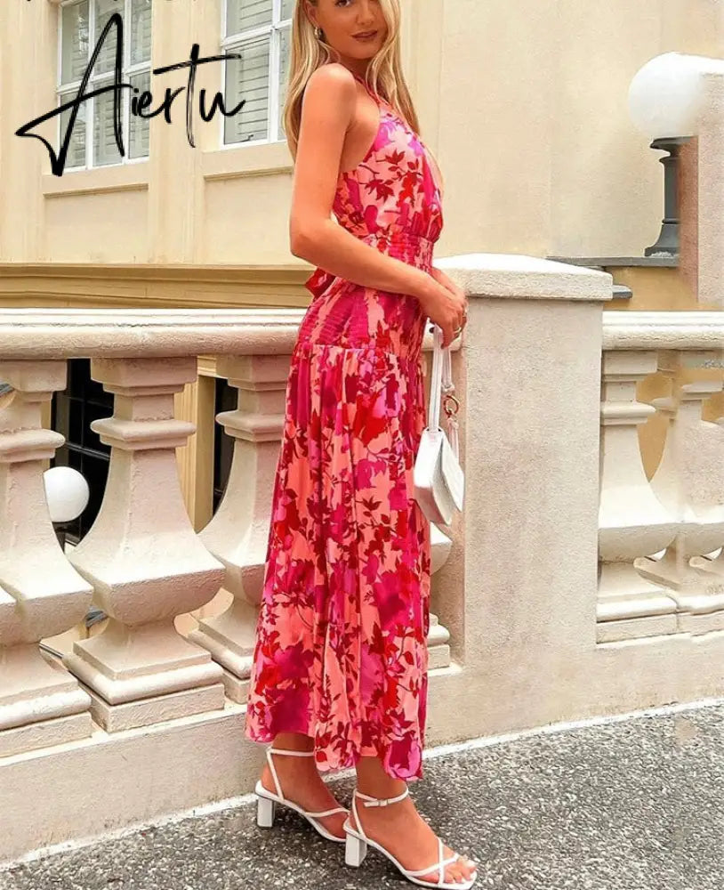 Rose Red Women Backless Tie Back Elegant Halter Sexy Summer Women Dress Thank Sundress Laides Boho Red Sleeveless Maxi Dress Aiertu