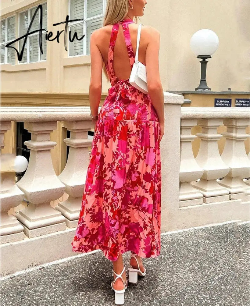 Rose Red Women Backless Tie Back Elegant Halter Sexy Summer Women Dress Thank Sundress Laides Boho Red Sleeveless Maxi Dress Aiertu