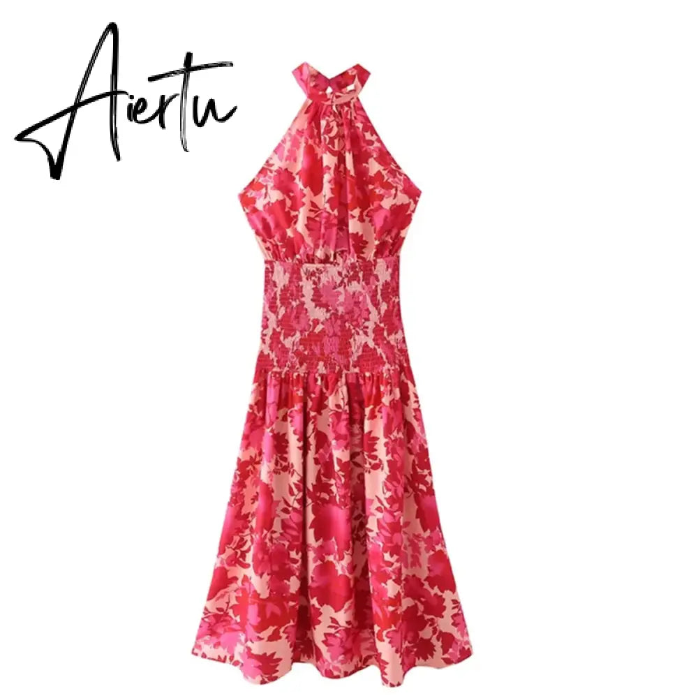 Rose Red Women Backless Tie Back Elegant Halter Sexy Summer Women Dress Thank Sundress Laides Boho Red Sleeveless Maxi Dress Aiertu