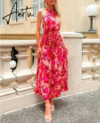 Rose Red Women Backless Tie Back Elegant Halter Sexy Summer Women Dress Thank Sundress Laides Boho Red Sleeveless Maxi Dress Aiertu
