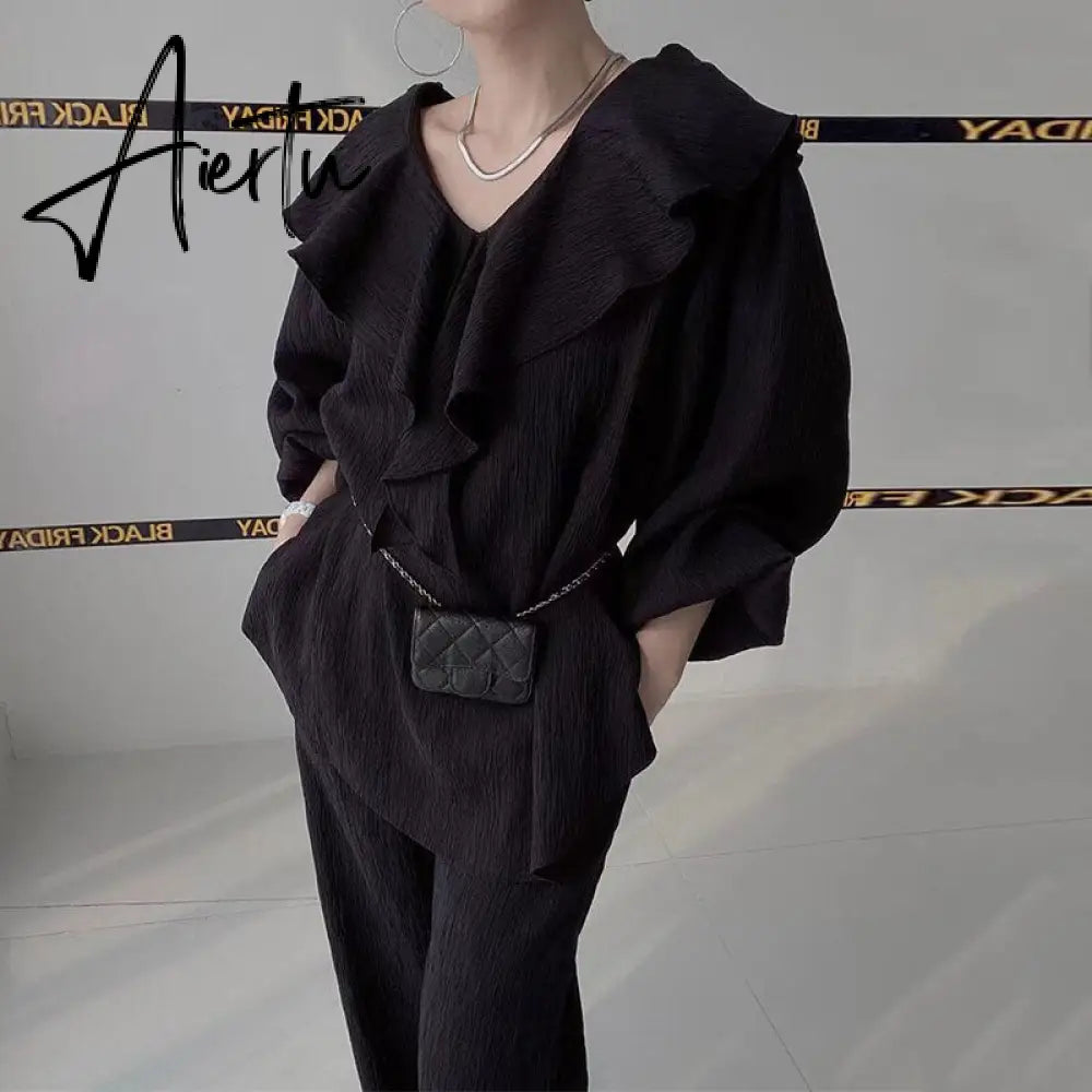 Ruffle Spliced V-neck Shirt + High Waist Wide Leg Pants Set Female  Autumn New Women Solid Loose Two-piece 16T577 Aiertu