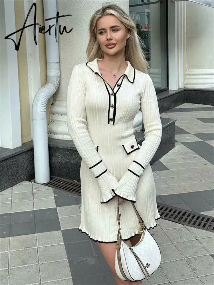 Ruffled Fashion Knit Dress Women Autumn Ribbed Contrast Long Sleeve High Waist Lapel Gown Dress Knitwear Ladies Maxi Dress Aiertu