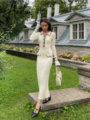 Ruffled Fashion Knit Dress Women Autumn Ribbed Contrast Long Sleeve High Waist Lapel Gown Dress Knitwear Ladies Maxi Dress Aiertu