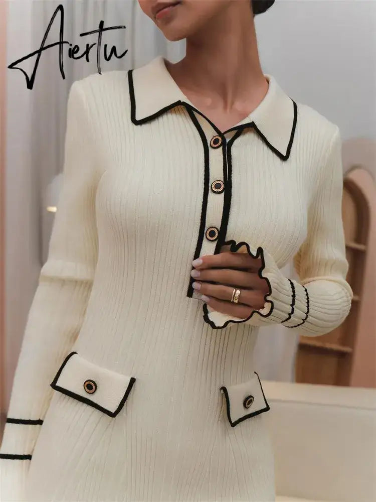 Ruffled Fashion Knit Dress Women Autumn Ribbed Contrast Long Sleeve High Waist Lapel Gown Dress Knitwear Ladies Maxi Dress Aiertu