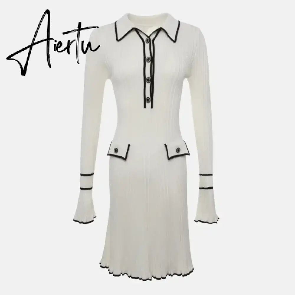 Ruffled Fashion Knit Dress Women Autumn Ribbed Contrast Long Sleeve High Waist Lapel Gown Dress Knitwear Ladies Maxi Dress Aiertu