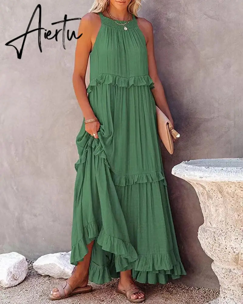 Ruffles Navy Blue A-line Loose Casual Maxi Long Summer Women Dress Halter Sleeveless Robe Party Aiertu