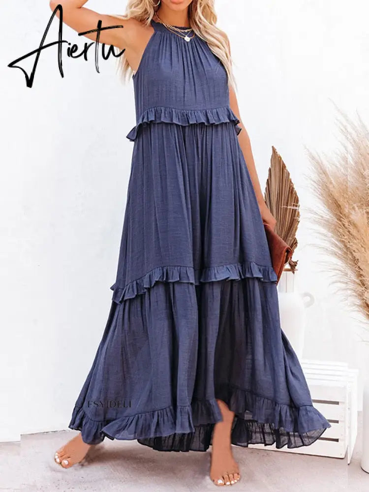 Ruffles Navy Blue A-line Loose Casual Maxi Long Summer Women Dress Halter Sleeveless Robe Party Aiertu