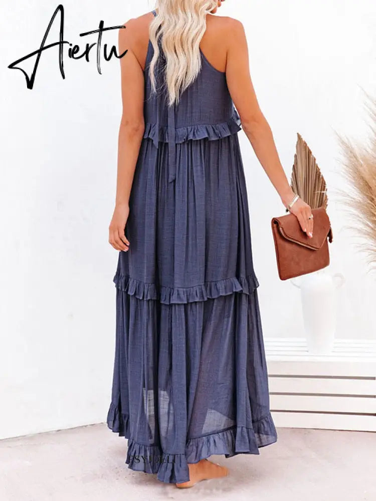 Ruffles Navy Blue A-line Loose Casual Maxi Long Summer Women Dress Halter Sleeveless Robe Party Aiertu