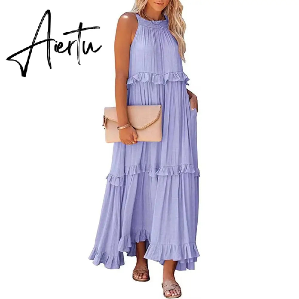 Ruffles Navy Blue A-line Loose Casual Maxi Long Summer Women Dress Halter Sleeveless Robe Party Aiertu