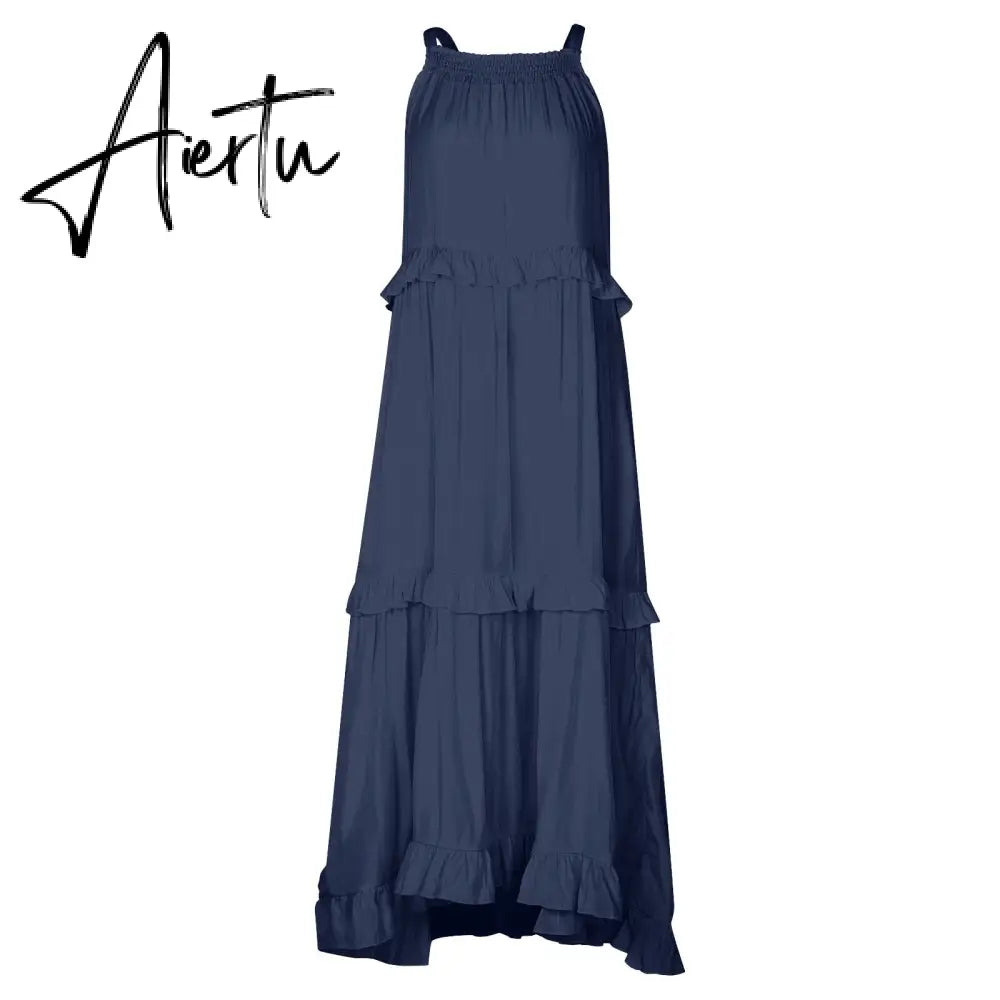 Ruffles Navy Blue A-line Loose Casual Maxi Long Summer Women Dress Halter Sleeveless Robe Party Aiertu