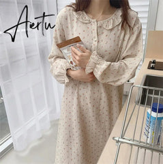 Ruffles Sleep Dress Women Long Sleeve Kawaii Cherry Print Korean Sleepwear Homewear Long Dress Autumn Elegant Casual Loose Aiertu