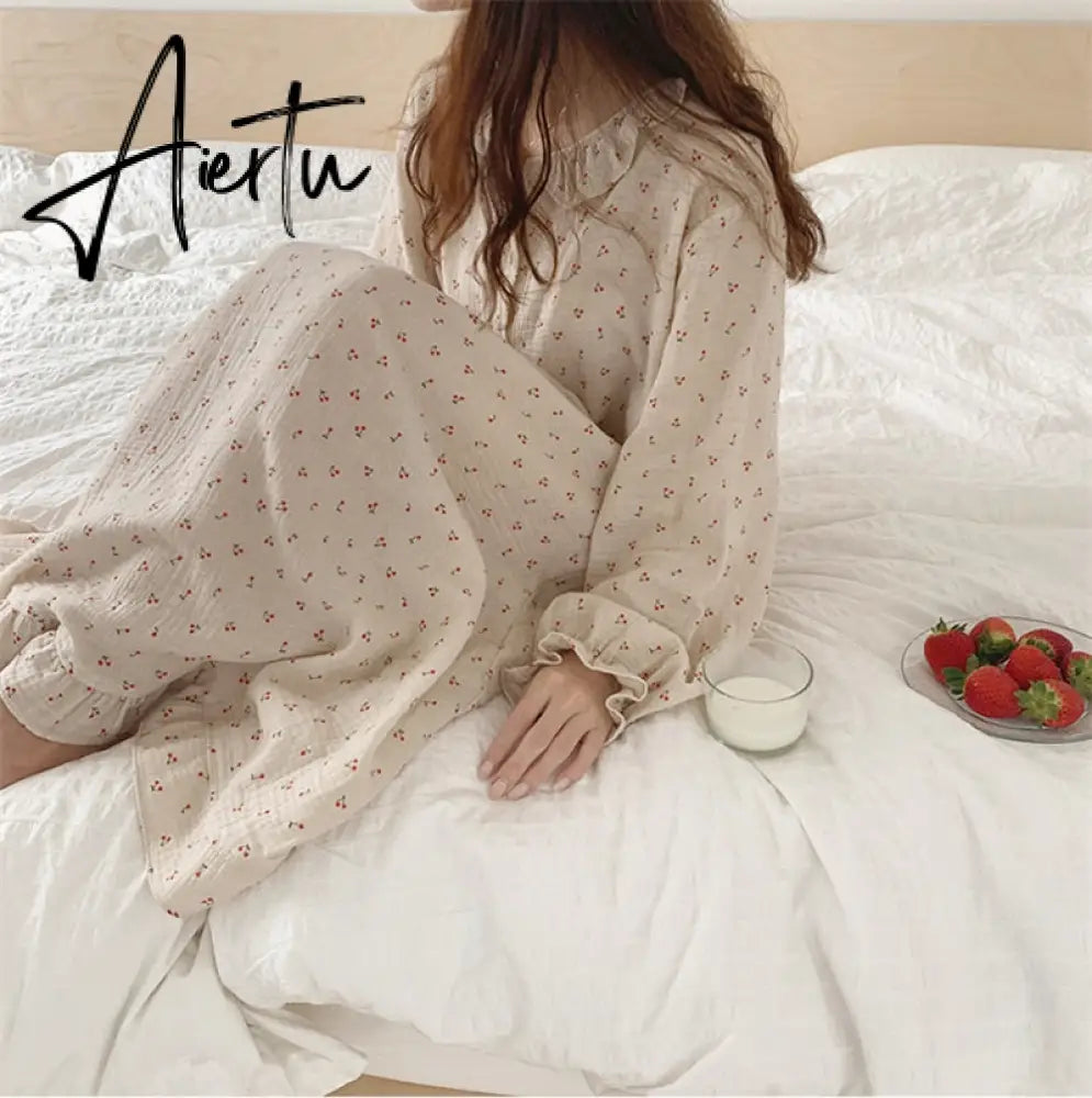 Ruffles Sleep Dress Women Long Sleeve Kawaii Cherry Print Korean Sleepwear Homewear Long Dress Autumn Elegant Casual Loose Aiertu