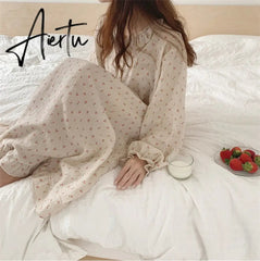 Ruffles Sleep Dress Women Long Sleeve Kawaii Cherry Print Korean Sleepwear Homewear Long Dress Autumn Elegant Casual Loose Aiertu