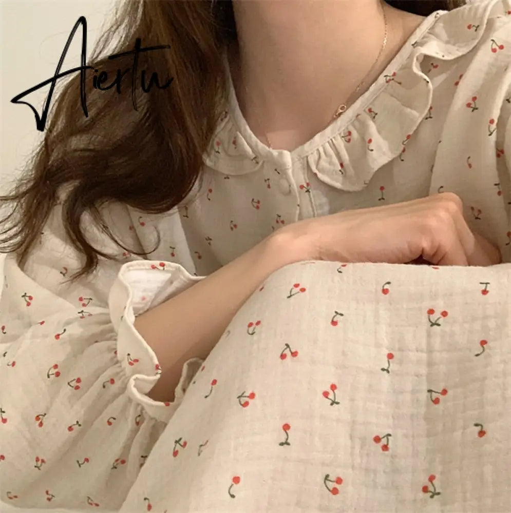 Ruffles Sleep Dress Women Long Sleeve Kawaii Cherry Print Korean Sleepwear Homewear Long Dress Autumn Elegant Casual Loose Aiertu