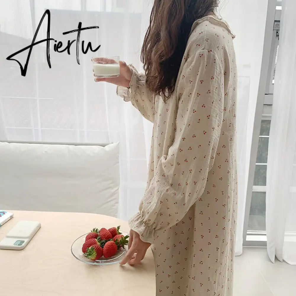 Ruffles Sleep Dress Women Long Sleeve Kawaii Cherry Print Korean Sleepwear Homewear Long Dress Autumn Elegant Casual Loose Aiertu
