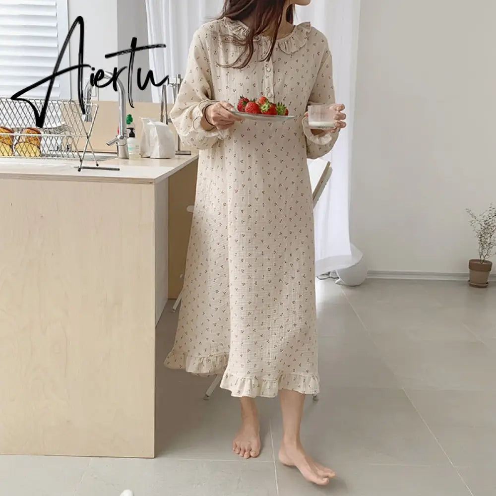 Ruffles Sleep Dress Women Long Sleeve Kawaii Cherry Print Korean Sleepwear Homewear Long Dress Autumn Elegant Casual Loose Aiertu