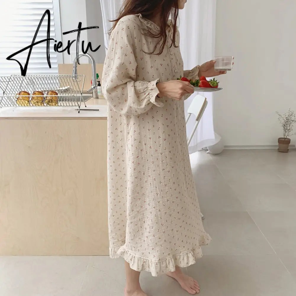 Ruffles Sleep Dress Women Long Sleeve Kawaii Cherry Print Korean Sleepwear Homewear Long Dress Autumn Elegant Casual Loose Aiertu