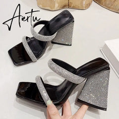 Runway Style Glitter Rhinestones Triangle Thick Heel Slippers Sexy Street Woman Square Toe Dress Party Shoes Summer Sandal Aiertu