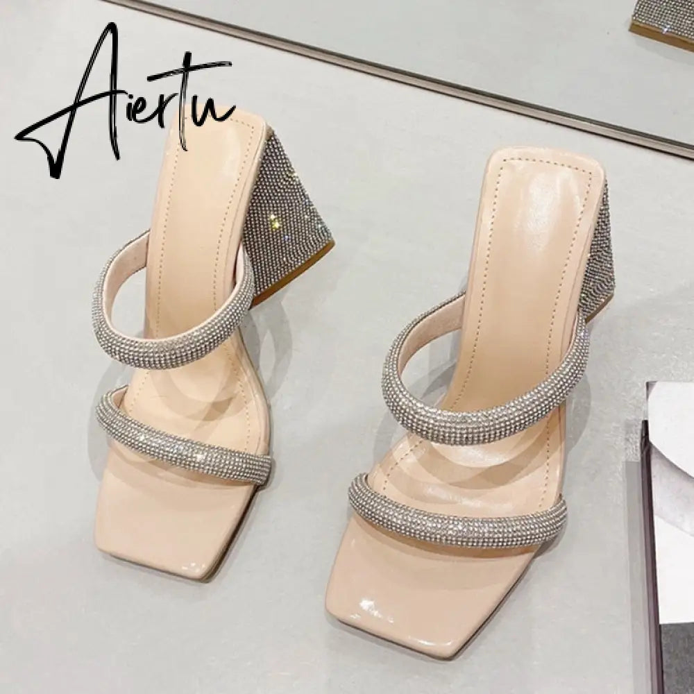 Runway Style Glitter Rhinestones Triangle Thick Heel Slippers Sexy Street Woman Square Toe Dress Party Shoes Summer Sandal Aiertu