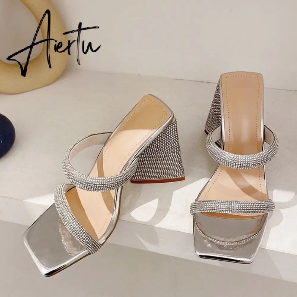 Runway Style Glitter Rhinestones Triangle Thick Heel Slippers Sexy Street Woman Square Toe Dress Party Shoes Summer Sandal Aiertu