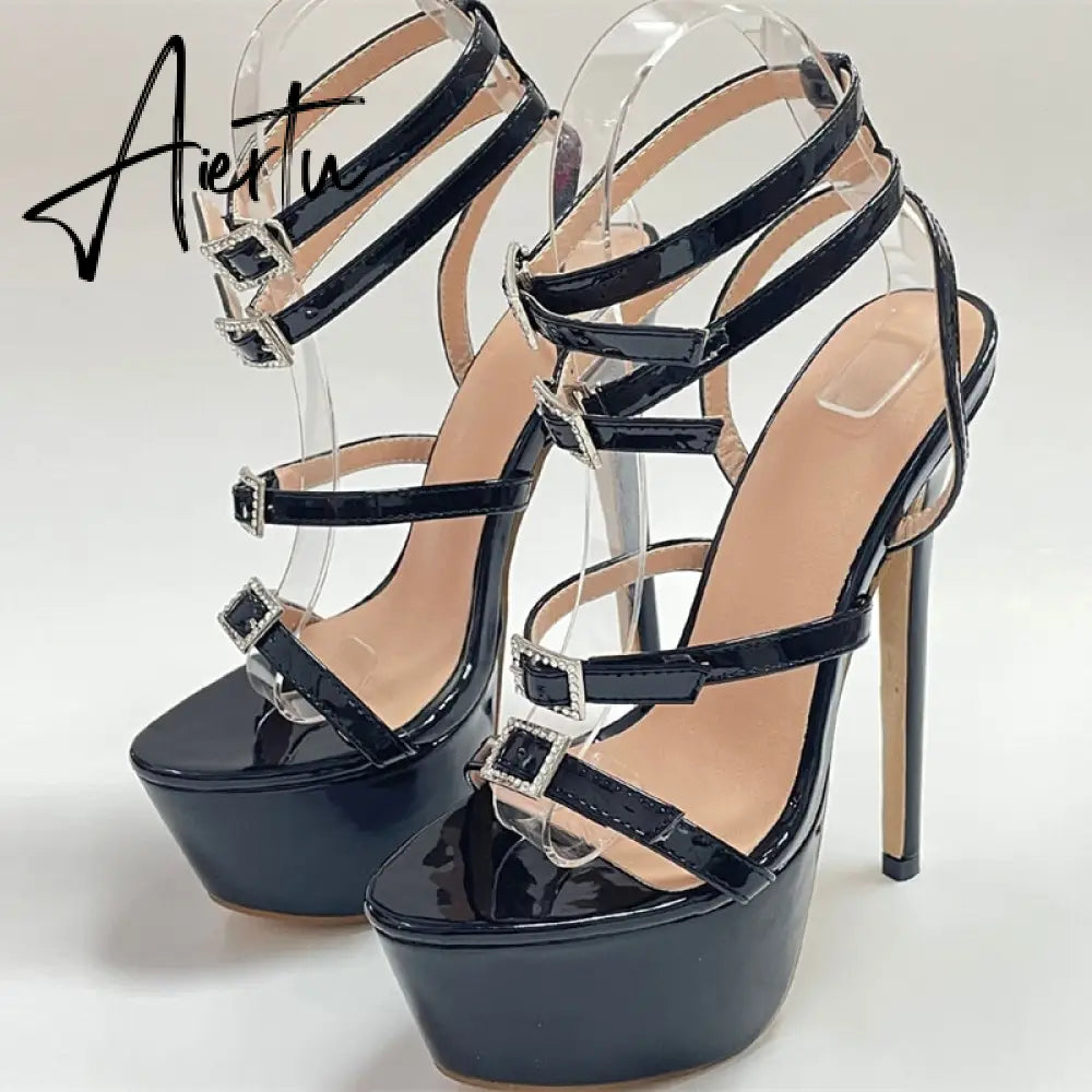 Runway Style Sexy High Heels Platform Sandals For Women Fashion Open Toe Crystal Buckle Stiletto Wedding Stripper Shoes Aiertu