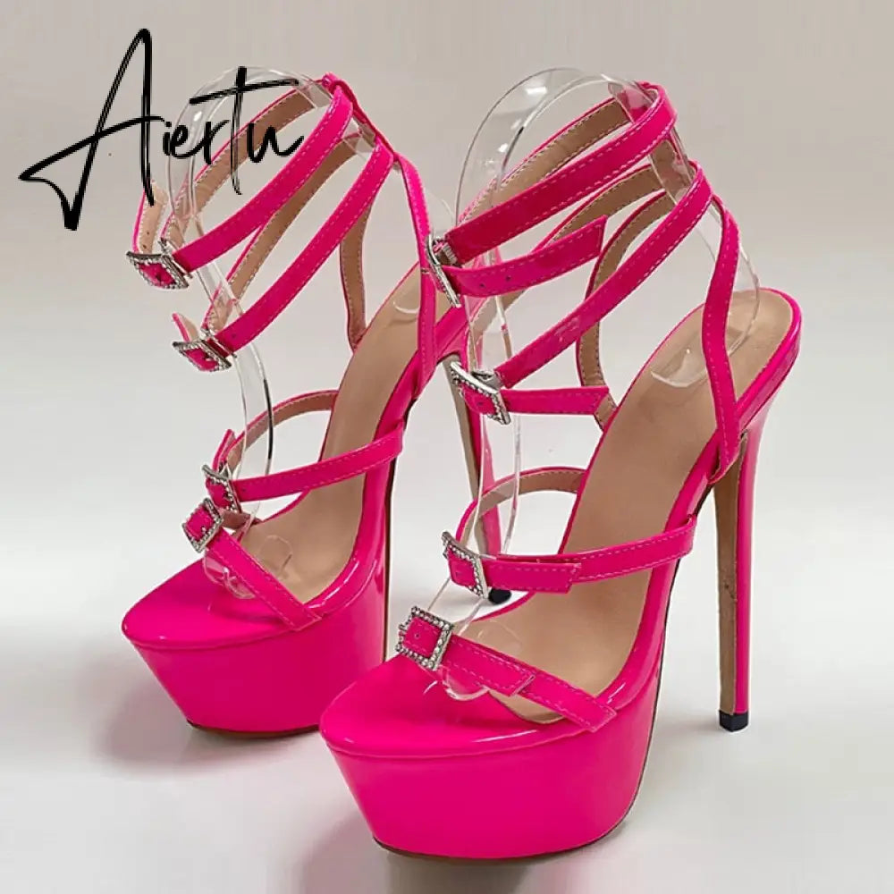 Runway Style Sexy High Heels Platform Sandals For Women Fashion Open Toe Crystal Buckle Stiletto Wedding Stripper Shoes Aiertu