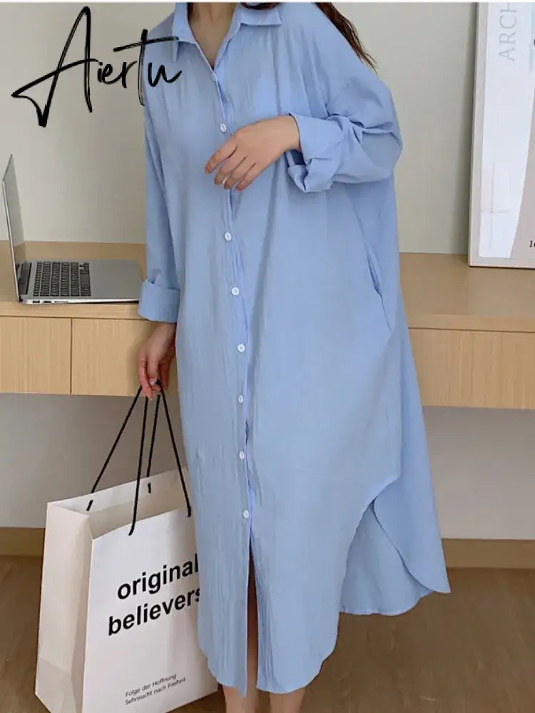 S-2XL Summer Shirt Dress Pink Evening Vintage Dress Party Oversize Long Cotton Beach Women Dresses Loose Robe Vestido Pure Aiertu