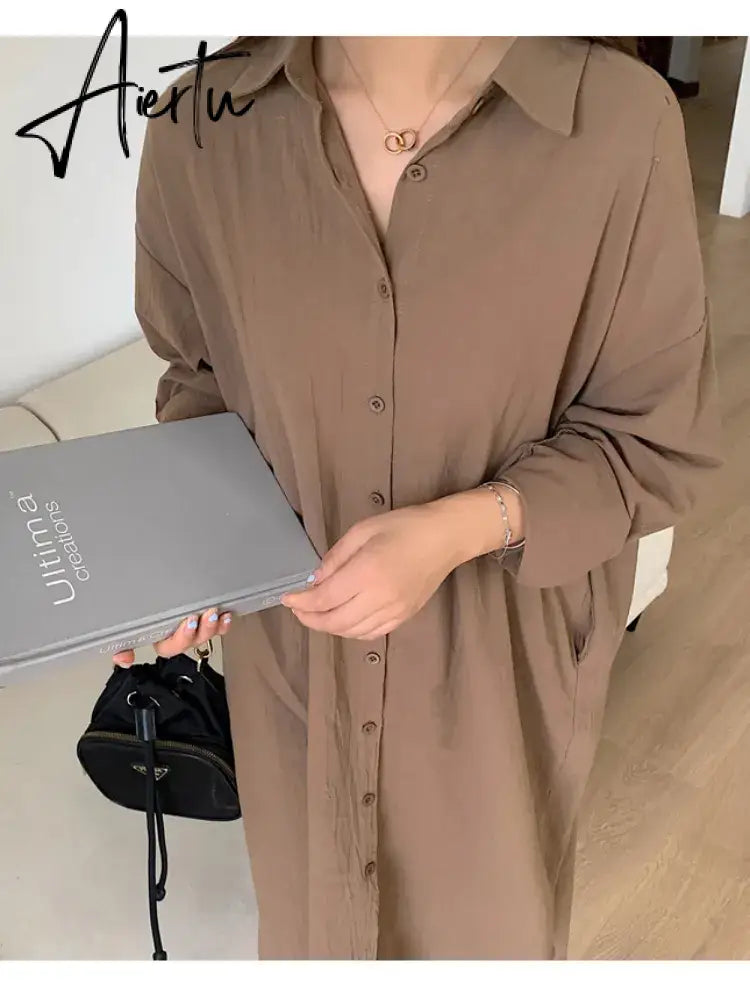 S-2XL Summer Shirt Dress Pink Evening Vintage Dress Party Oversize Long Cotton Beach Women Dresses Loose Robe Vestido Pure Aiertu