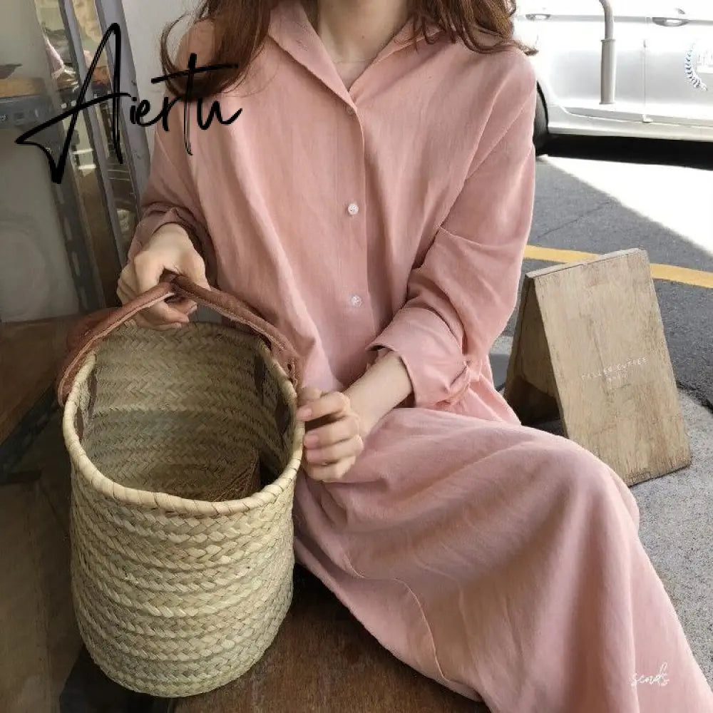 S-2XL Summer Shirt Dress Pink Evening Vintage Dress Party Oversize Long Cotton Beach Women Dresses Loose Robe Vestido Pure Aiertu
