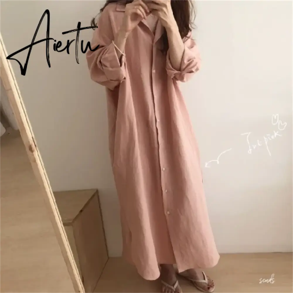 S-2XL Summer Shirt Dress Pink Evening Vintage Dress Party Oversize Long Cotton Beach Women Dresses Loose Robe Vestido Pure Aiertu
