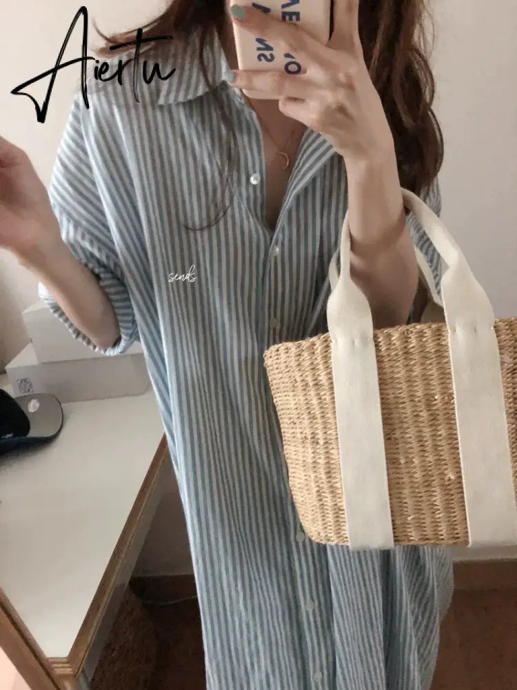 S-2XL Summer Shirt Dress Pink Evening Vintage Dress Party Oversize Long Cotton Beach Women Dresses Loose Robe Vestido Pure Aiertu
