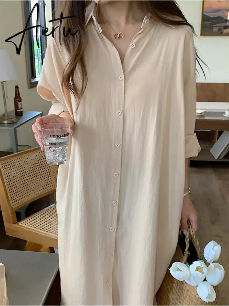 S-2XL Summer Shirt Dress Pink Evening Vintage Dress Party Oversize Long Cotton Beach Women Dresses Loose Robe Vestido Pure Aiertu