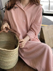 S-2XL Summer Shirt Dress Pink Evening Vintage Dress Party Oversize Long Cotton Beach Women Dresses Loose Robe Vestido Pure Aiertu