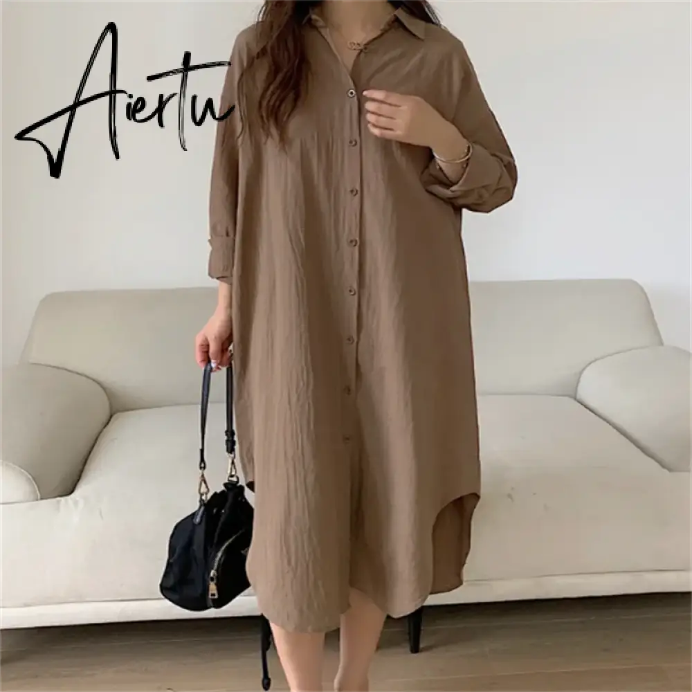 S-2XL Summer Shirt Dress Pink Evening Vintage Dress Party Oversize Long Cotton Beach Women Dresses Loose Robe Vestido Pure Aiertu
