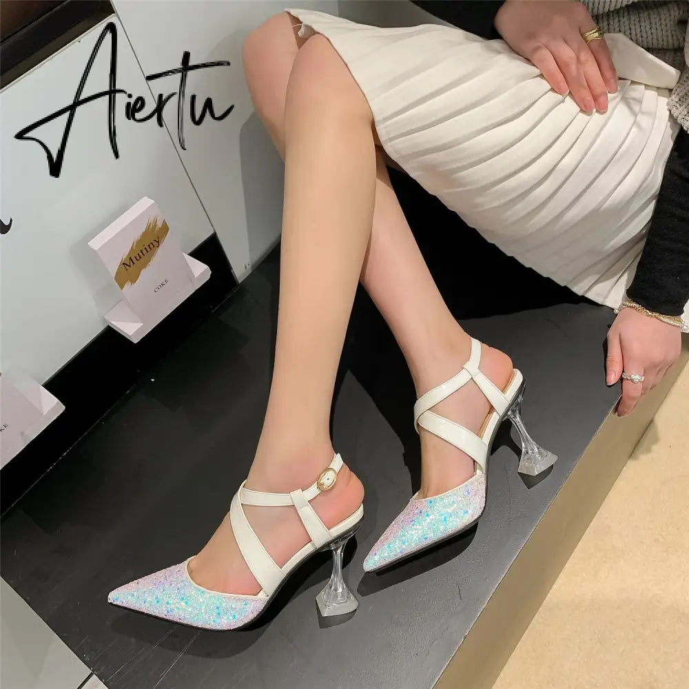 Sandals Women Glitter Clear High Heels Pointed Cross Strap Slingback Lady Shoe Ankle Strap Buckle Party Pumps Bride Big Size 43 Aiertu