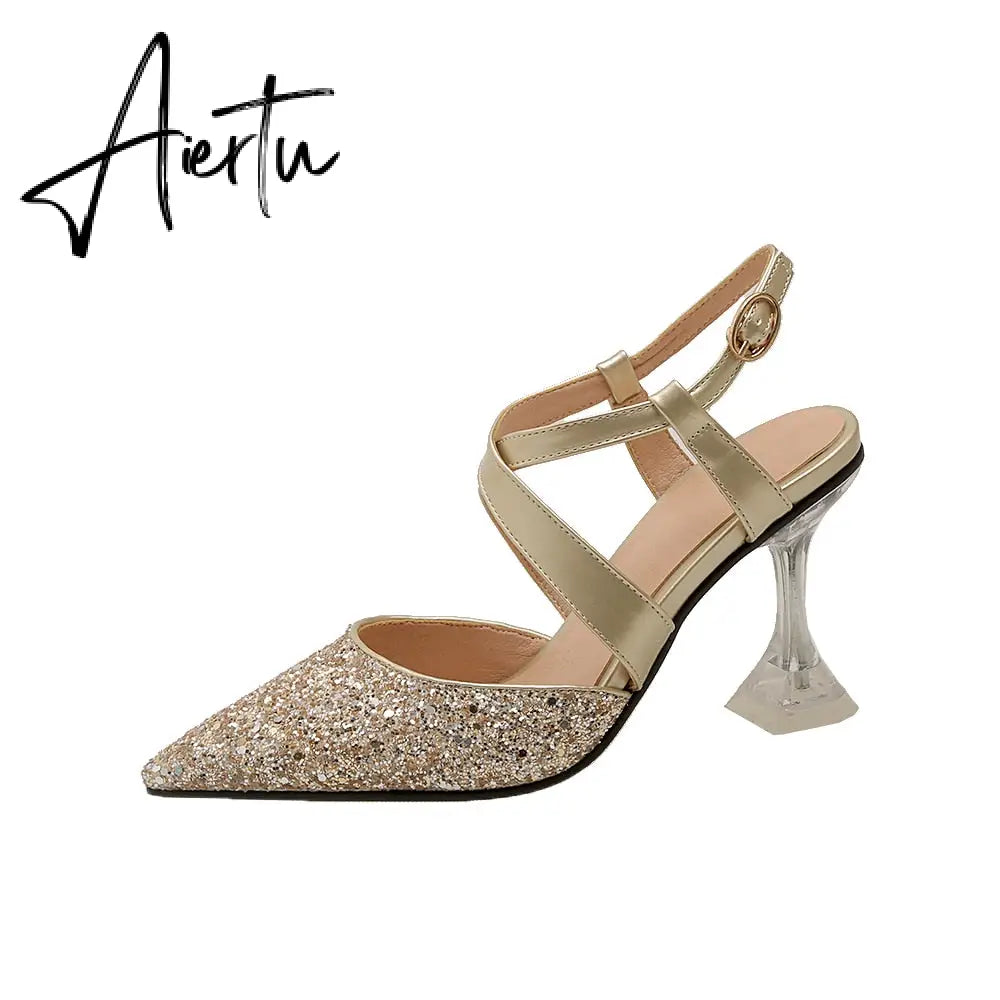 Sandals Women Glitter Clear High Heels Pointed Cross Strap Slingback Lady Shoe Ankle Strap Buckle Party Pumps Bride Big Size 43 Aiertu