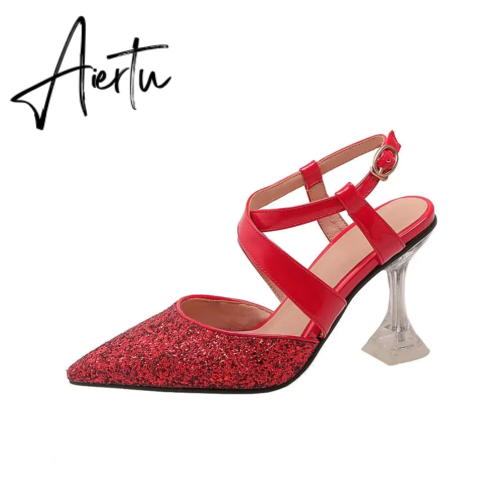 Sandals Women Glitter Clear High Heels Pointed Cross Strap Slingback Lady Shoe Ankle Strap Buckle Party Pumps Bride Big Size 43 Aiertu