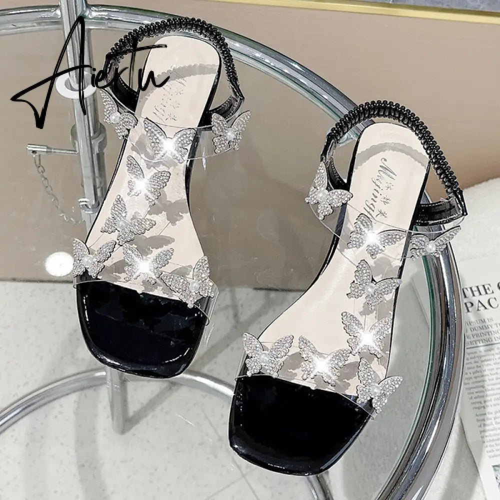 Sandals Women's Rhinestone Summer New Fashion Women's Shiny Butterfly Transparent High Heels Open Toe Sandalias Women's Shoes Aiertu