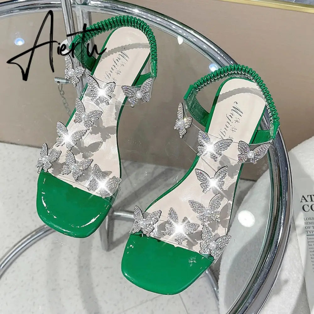 Sandals Women's Rhinestone Summer New Fashion Women's Shiny Butterfly Transparent High Heels Open Toe Sandalias Women's Shoes Aiertu