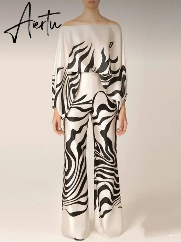 Satin Printing Off Shoulder Commuting Suits Fashion Tops Long Pants 2 Piece Sets  Women Spring Summer Loose Casual Outfits Aiertu
