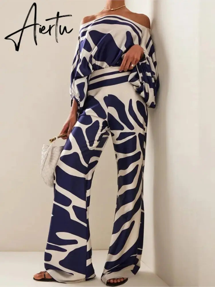 Satin Printing Off Shoulder Commuting Suits Fashion Tops Long Pants 2 Piece Sets  Women Spring Summer Loose Casual Outfits Aiertu