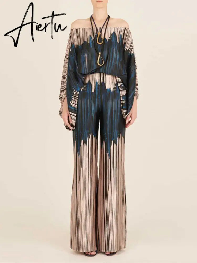 Satin Printing Off Shoulder Commuting Suits Fashion Tops Long Pants 2 Piece Sets  Women Spring Summer Loose Casual Outfits Aiertu